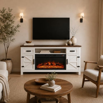 Fireplace TV Stand with Barn Door, 70 inch, White, view 5