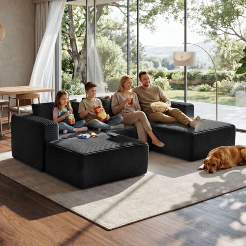 110" Modular Sectional Boneless Sofa with 2 Ottomans, U Shaped Cloud Couch for Living Room, Deep Seat Corduroy Floor Sofa, No Assembly Required, Compressed Couch, 5 Seat, Black