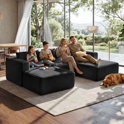 110" Modular Sectional Boneless Sofa with 2 Ottomans, U Shaped Cloud Couch for Living Room, Deep Seat Corduroy Floor Sofa, No Assembly Required, Compressed Couch, 5 Seat, Black