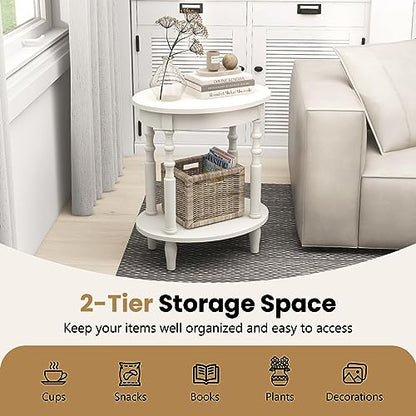 2-Tier Oval End Table, Sofa Side Table with Storage Shelf, Solid Wood Legs, Modern Accent Table, Compact Nightstand for Living Room, Bedroom, Small Space, White