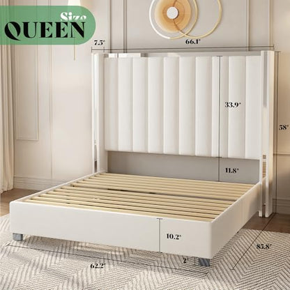 3-Piece Modern Bedroom Set Queen – Cream Upholstered Bed Frame with 58" Wingback Headboard and 2 White Nightstands