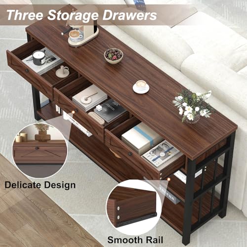 55” Sofa Table with Drawers, Entryway Table with Storage Shelf, 3 Tier Console Table with Storage Behind Couch for Living Room, Rustic Wood Metal Entry Hallway Table for Entrance, Walnut, 55 in