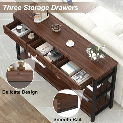 55” Sofa Table with Drawers, Entryway Table with Storage Shelf, 3 Tier Console Table with Storage Behind Couch for Living Room, Rustic Wood Metal Entry Hallway Table for Entrance, Walnut, 55 in