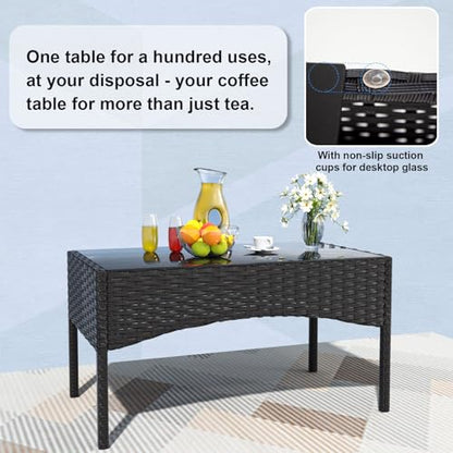 4-Piece Outdoor Patio Furniture Set, Wicker Rattan Chairs & Sofa with Cushions and Glass Coffee Table, Conversation Set for Backyard, Lawn, Porch, Pool, Garden (Navy-2)