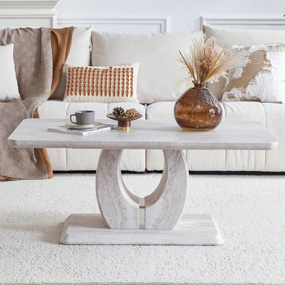 43" Modern Minimalist Faux Travertine Coffee Table with Sculptural Pedestal Base, Rectangular MDF Center Table with Metallic Silver Accent, Contemporary Living Room Table, Easy Assembly