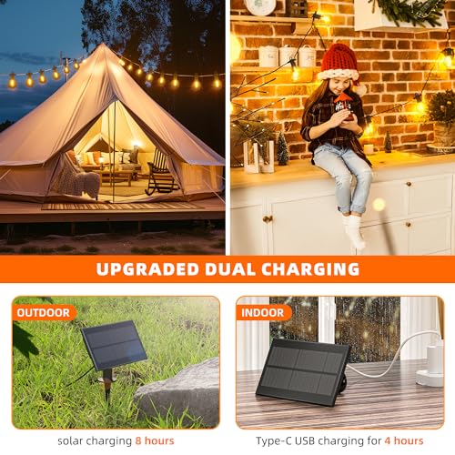100FT Solar Outdoor String Lights, USB Charging & Solar Powered, IP65 Waterproof Shatterproof Edison Hanging LED Lights for Patio Garden Porch Fence Camping Party