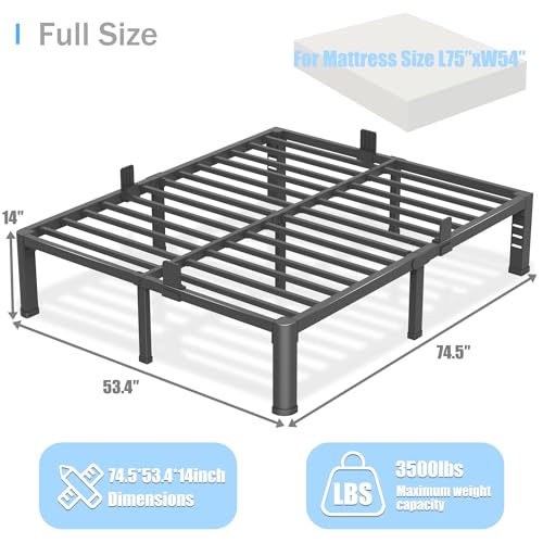 14 inch Full Size Bed Frame with Round Corner Legs and Headboard Hole Mattress, view 4