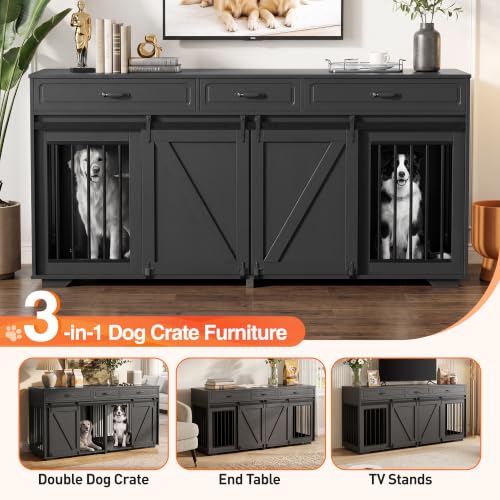 71" Double Dog Crate Furniture with 3 Drawers, view 4