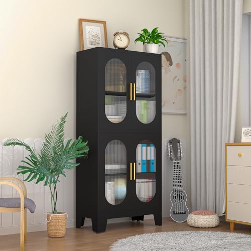 Black Metal Storage Cabinet with Doors and 3 Shelves (2 Adjustable) for Kitchen, Laundry Room, Home Office, Kids Room