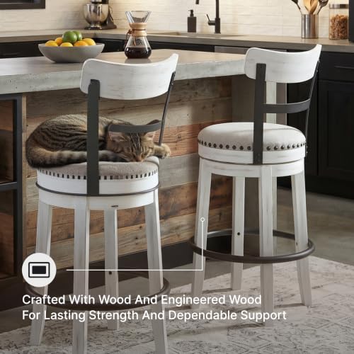 Signature Design by Ashley Valebeck Barstool, Rustic-Industrial Counter Height Chair, 360° Swivel, Wood & Metal Frame, Cushioned Seat, Ideal for Kitchen Island with Seating, Vintage White