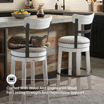 Signature Design by Ashley Valebeck Barstool, Rustic-Industrial Counter Height Chair, 360° Swivel, Wood & Metal Frame, Cushioned Seat, Ideal for Kitchen Island with Seating, Vintage White