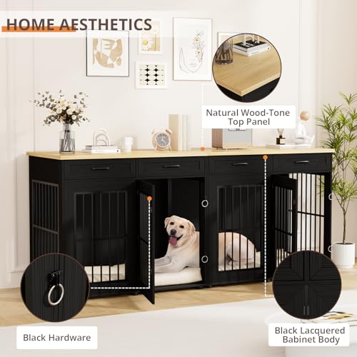 87" Dog Crate Furniture for 2 Dogs, Double Dog Cage Furniture, Black, view 6