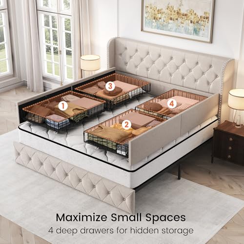 King Size Bed Frame with 4 Storage Drawers and 47.2" Tall Tufted Headboard, view 5