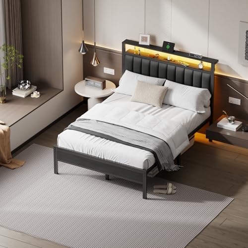 Queen Size Bed Frame with Charging Station and LED Lights, view 4