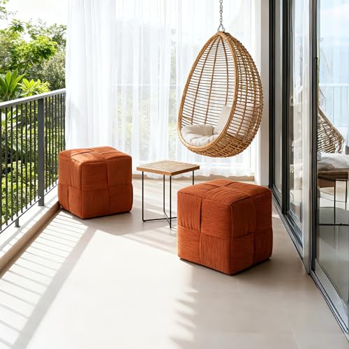 Square Footstool, Modern Upholstered Small Ottoman Cute Make up Stool for Foot Rest with Wood Frame for Living Room Bedroom, Orange Corduroy.
