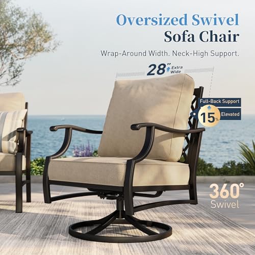 Patio Furniture Set, Modern Metal Outdoor Patio Furniture, 3 Seater Sofa, 2 Swivel Chairs, 2 Ottomans and 5.75" Extra Thick Cushion, Patio Conversation Set for Garden Backyard Deck