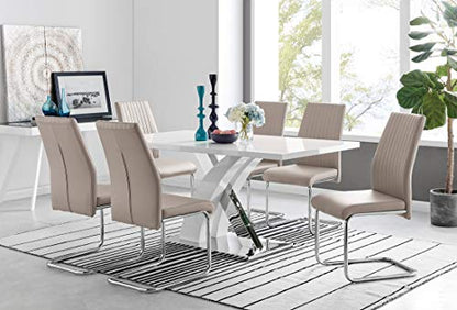 Atlanta Modern Rectangle Chrome Metal White High Gloss Dining Table and 6 Cappuccino Beige Lorenzo Chairs Set