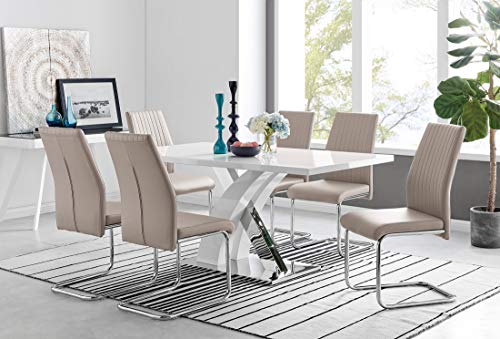 Atlanta Modern Rectangle Chrome Metal White High Gloss Dining Table and 6 Cappuccino Beige Lorenzo Chairs Set