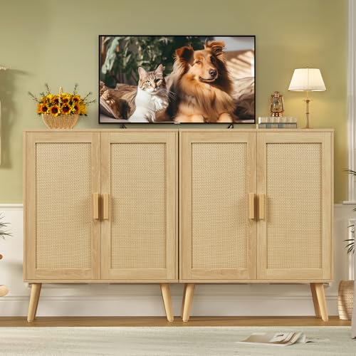 Storage Cabinet with 2 Shelves, Rattan Cabinet with 2 Doors, Sideboard Buffet Cabinets with Storage for Living Room, Dining Room, Entryway, Natural