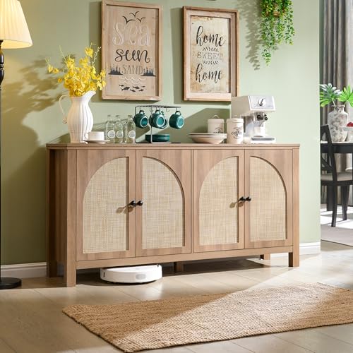 60" Rattan Sideboard Buffet Cabinet with Storage | Sideboard With Rattan Doors, Spacious Storage And Soft-Close Hinges, Ideal For Kitchens, Dining Rooms And Living Rooms