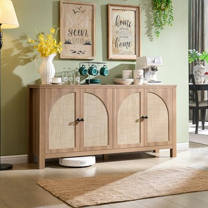 60" Rattan Sideboard Buffet Cabinet with Storage | Sideboard With Rattan Doors, Spacious Storage And Soft-Close Hinges, Ideal For Kitchens, Dining Rooms And Living Rooms