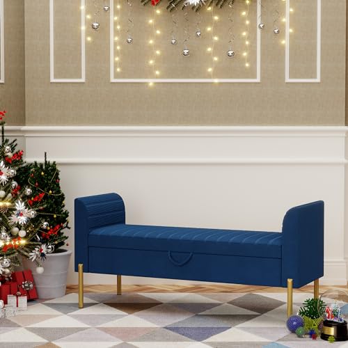 Storage Bench,Upholstered Storage Ottoman Bench,Modern Bed Bench Entryway Bench with Gold Legs for Bedroom Living Room Blue