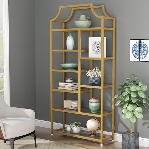 8-Open Shelf Bookshelf, 70.87" H x 31.5" L Lux Etagere, Tempered Glass Bookcase, Tall Storage Display Modern Open Book Case for Bedroom, Home Office & Living Room, Gold Finish & Glass Shelving