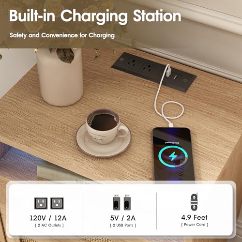 Rattan Nightstand with Charging Station USB Port Led Lights and 2 Storage Drawers, Bedroom Furniture Night Stand Bedside Table, Rattan Side Table, End Table (1 Pack)