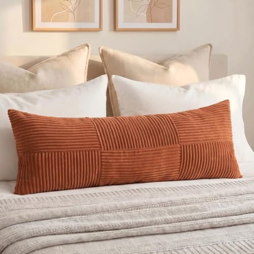 Fancy Homi Set of 1 Rust Boho Long Lumbar Body Decorative Throw Pillow Cover 14x36 Inch for Bed Couch Bedroom Bench, Soft Patchwork Corduroy Textured Pillow Case, Rustic Farmhouse Room Decor