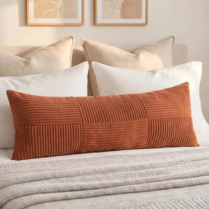 Fancy Homi Set of 1 Rust Boho Long Lumbar Body Decorative Throw Pillow Cover 14x36 Inch for Bed Couch Bedroom Bench, Soft Patchwork Corduroy Textured Pillow Case, Rustic Farmhouse Room Decor