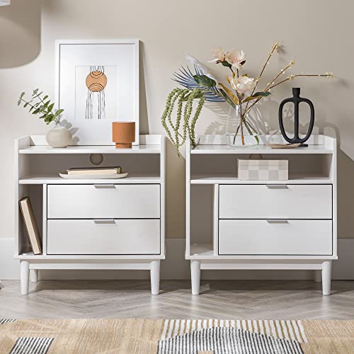 Mid-Century Modern Tray-Top Storage Nightstands Set of 2 White