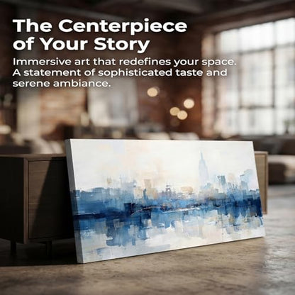 NY Skyline Wall Art Abstarct Cityscape Canvas Painting 40"x20" | new york print for living room blue white NYC picture artwork framed for bedroom office home hallway wall decoration