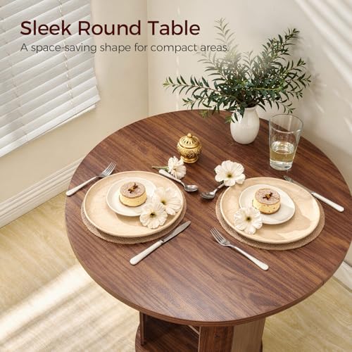31.5" Round Dining Table with Storage Shelf for 2-3, Circle Kitchen Dinner Table with Thick Tabletop, for Small Spaces, Circle Nook Table for Kitchen & Dining Room, Walnut DTWA8501
