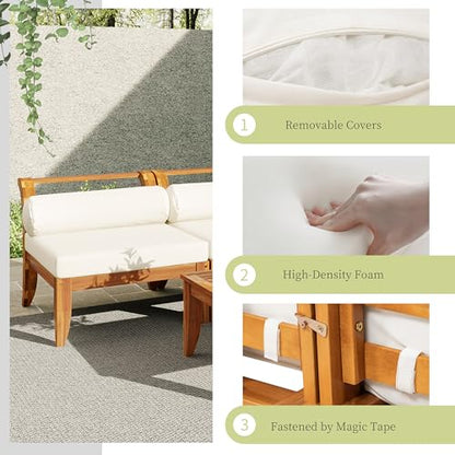 6 Pieces Patio Furniture Set, Outdoor L-Shaped Sectional Sofa Set with Coffee Table, Acacia Wood Conversation Seating & Cushions and Lumbar Pillows, for Garden, Poolside and Backyard, Teak+Beige