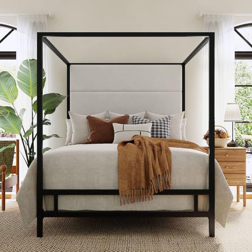 King Size Black Metal Canopy Bed Frame, 76.5" Tall Velvet Upholstered Headboard, view 3