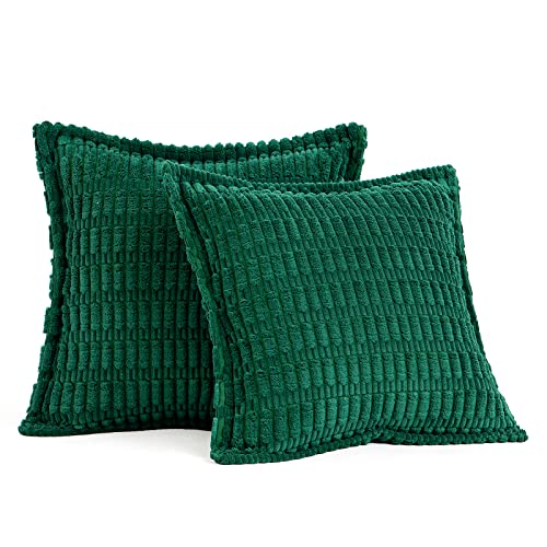 Christmas Green Corduroy Decorative Throw Pillow Covers Pack of 2 Soft Striped Pillows Pillowcases with Broad Edge Winter Modern Boho Home Decor for Couch Sofa Bed Spring 20x20 Inch