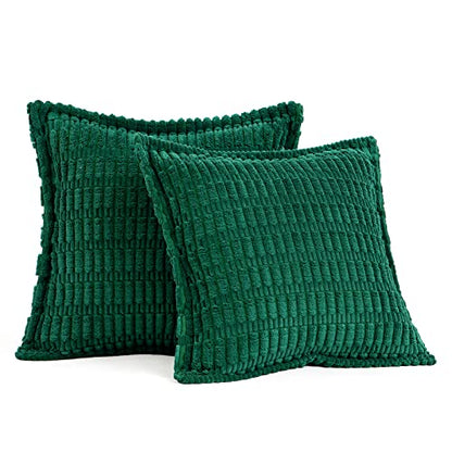 Christmas Green Corduroy Decorative Throw Pillow Covers Pack of 2 Soft Striped Pillows Pillowcases with Broad Edge Winter Modern Boho Home Decor for Couch Sofa Bed Spring 20x20 Inch