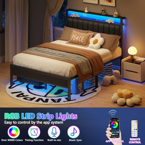 Queen Size Bed Frame with Charging Station and LED Lights, view 5