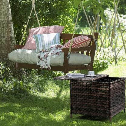 Outdoor Side Table with Storage, 27-Gallon Patio Deck Box Outdoor Wicker Side Table for Poolside Balcony Storage Table (Brown, Square)