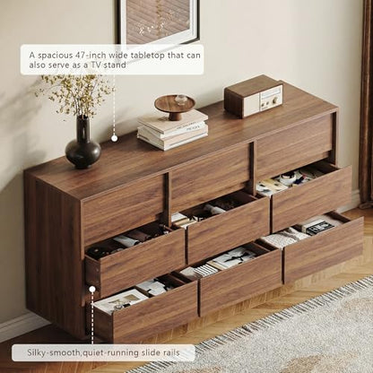 Walnut Dresser for Bedroom, 59in Modern 9 Drawer Chest of Drawers, view 5