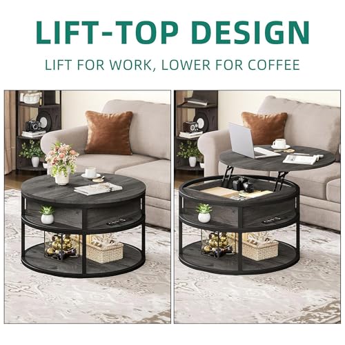 Round Lift Top Coffee Tables for Living Room | Lift Top Design, Dining Table with Hidden Compartment, 2-Tier Storage, Farmhouse Style, for Living Room, Easy Assembly