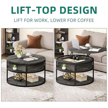 Round Lift Top Coffee Tables for Living Room | Lift Top Design, Dining Table with Hidden Compartment, 2-Tier Storage, Farmhouse Style, for Living Room, Easy Assembly