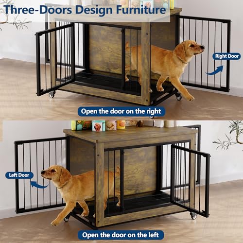Rustic Wood Dog Crate Furniture with 3 Doors & Wheels, view 4