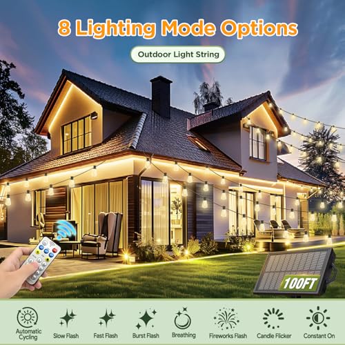 100FT Solar String Lights Outdoor Waterproof with Remote & Timer, view 7