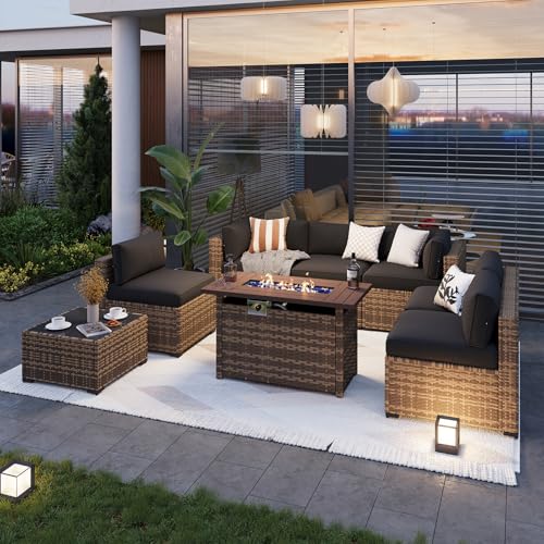 Patio Furniture Sets, 8-Piece Outdoor Patio Furniture with 44'' Propane Gas Firepit Table, Wicker Outdoor Conversation Set Sectional Sofa for Backyard, Poolside, Garden (Black Cushion)
