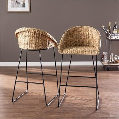 Landrine Water Hyacinth Bar Stools - 2 Piece Set - Bohemian Design, Natural Rattan - Easy Assembly - Ideal for Kitchen, Home Bar (BC1130832)