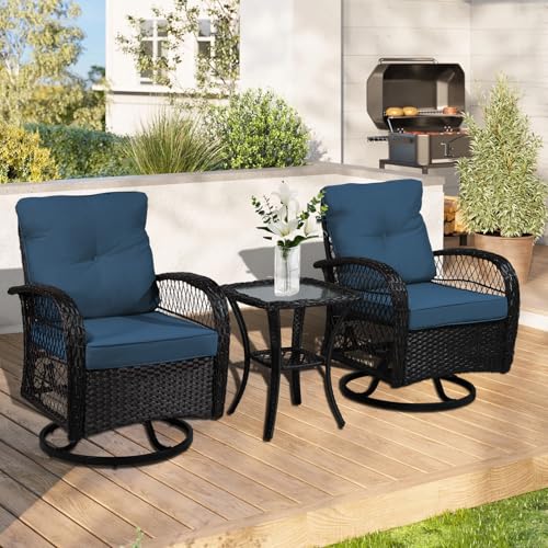 YLGJ&TIDY Outdoor Patio Furniture 3PCS Set Wicker Swivel Rocking Armchairs Set of 2 Rattan Coffee Table Cushions Patio Swivel Glider Chairs Set for Backyard Balcony Garden (Blue, Wicker 1)