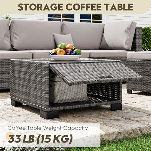 7 Piece Patio Outdoor Furniture Set, Outdoor Sectional, All-Weather Hand-Woven Wicker Patio Sectional Sofa, Rattan Outside Furniture with Grey Cushion and Glass Coffee Table