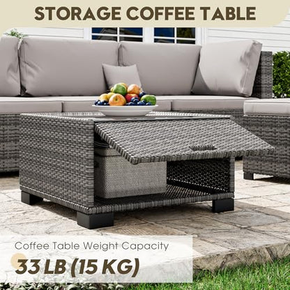 7 Piece Patio Outdoor Furniture Set, Outdoor Sectional, All-Weather Hand-Woven Wicker Patio Sectional Sofa, Rattan Outside Furniture with Grey Cushion and Glass Coffee Table