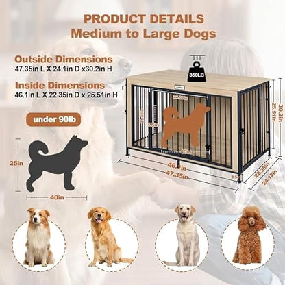 48" XL Dog Crate Furniture for Large Dogs, Farmhouse Light Oak Wood Dog Kennel, view 6